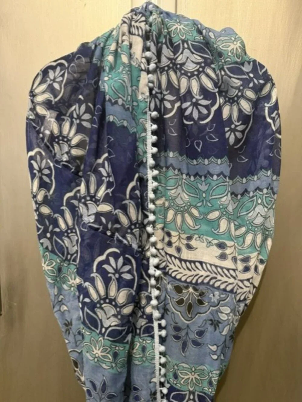 Boho Paisley Infinity Scarf with pom poms